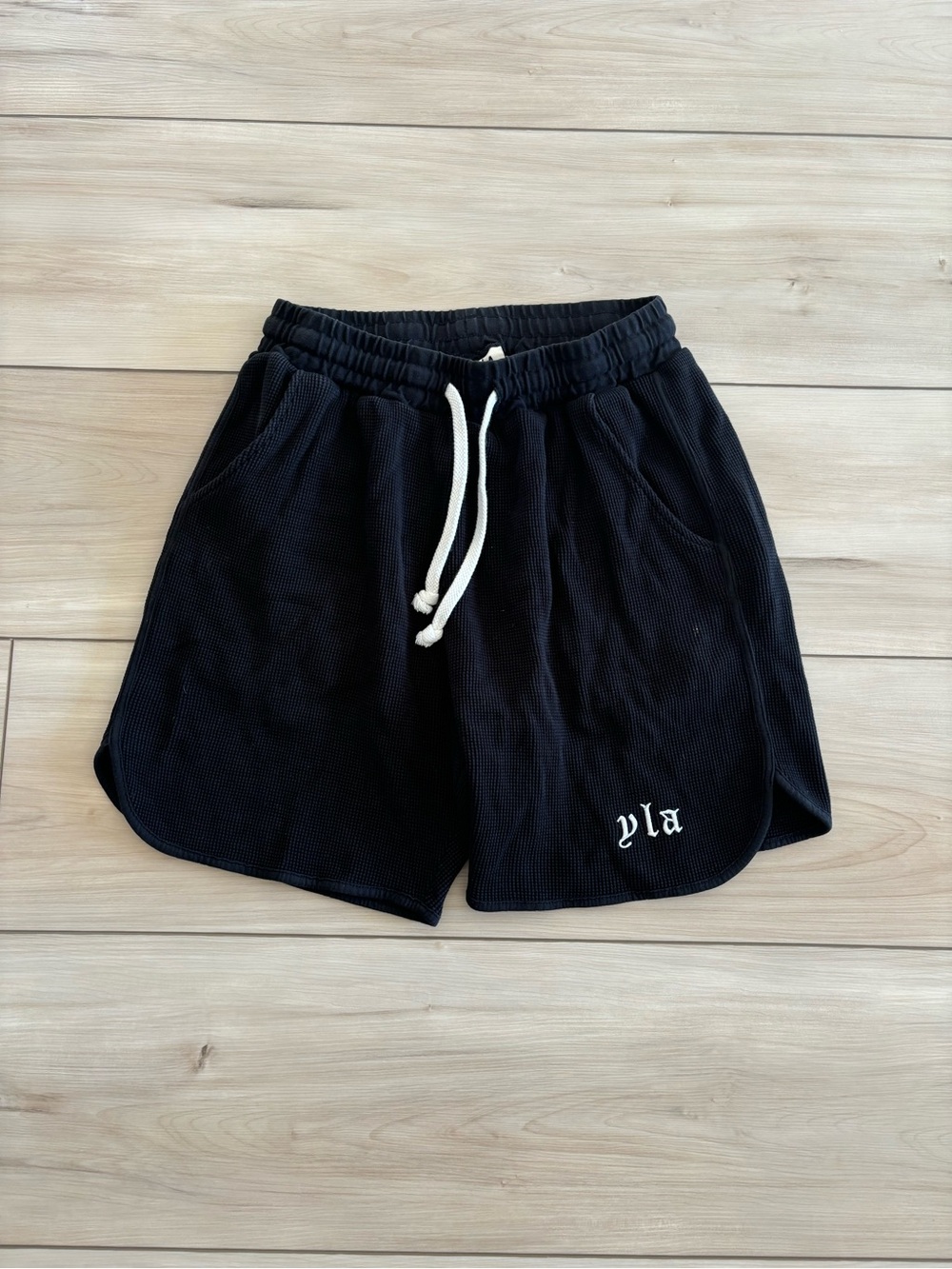 YoungLA Gymwear Men’s Black Waffle Knit Athletic Shorts with White Drawstring